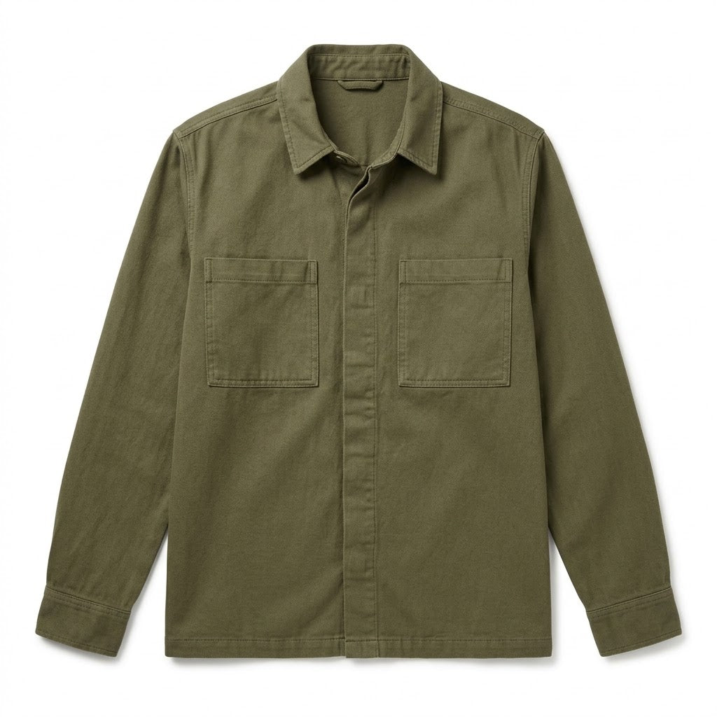 Olive Green Brushed Cotton Twill Overshirt