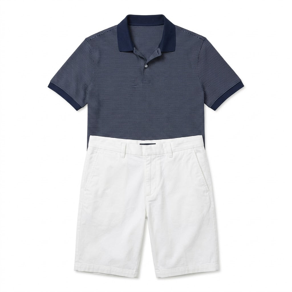 Navy Striped Polo and White Shorts Casual Set