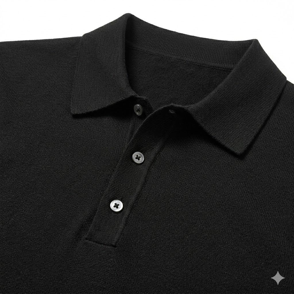 Black Mercerized Cotton Knitted Polo Shirt