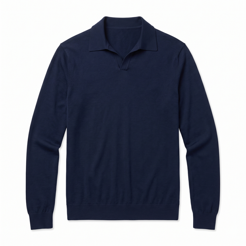 Navy Merino Wool Long Sleeve Polo Shirt