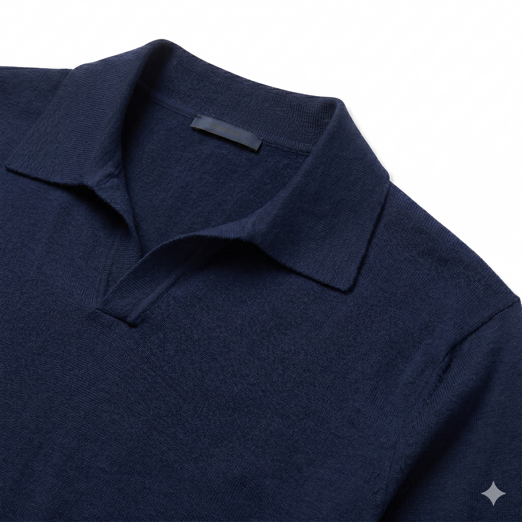 Navy Merino Wool Long Sleeve Polo Shirt